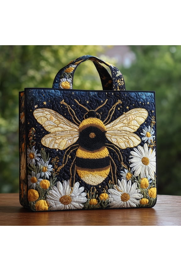Bee Quilted Tote Bag, Floral Shoulder Bag with Bee Theme