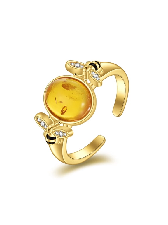 Bee Rings Amber Ring Gold Plated Sterling Silver Adjustable Band for Women