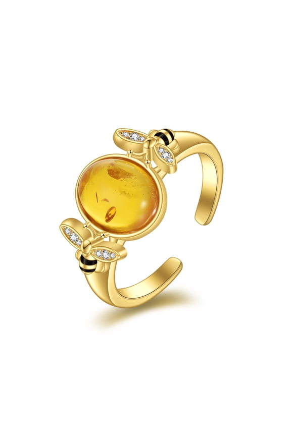 Bee Rings Amber Ring Gold Plated Sterling Silver Adjustable Band for Women