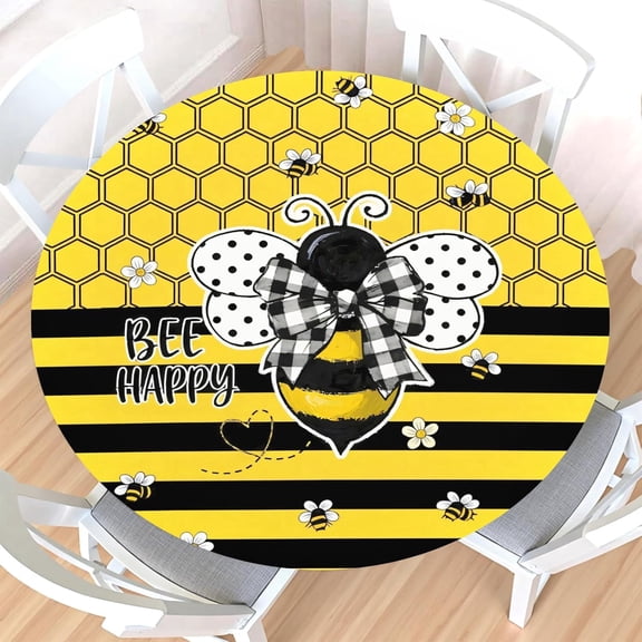 Bee Round Fitted Tablecloth with Elastic Edge,Water-Resistant Wipeable Reusable Summer Bee Bumble Honeycomb Yellow Black Table Cover for 48-52" Stretch Table Cloth for Dinner Indoor Outdoor Party