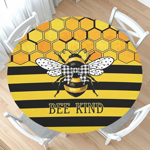 Bee Round Fitted Tablecloth with Elastic Yellow Bumblebee Honeycomb Circle Table Cloth for 44-48" Tables Spring Summer Honeybee Waterproof Washable Table Cover for Party Outdoor Dining Decorations