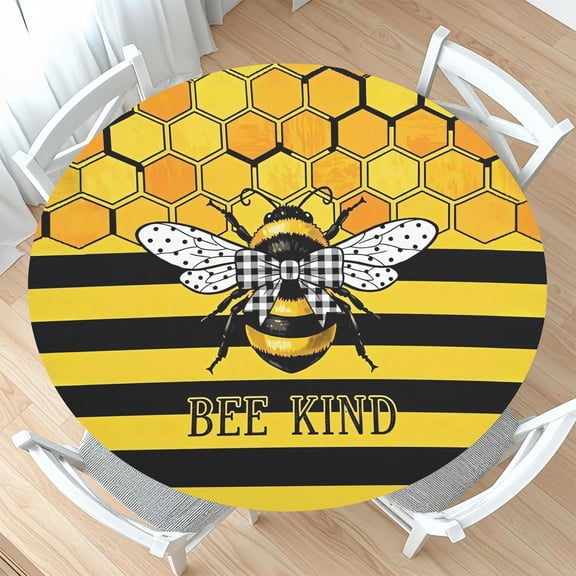 Bee Round Fitted Tablecloth with Elastic Yellow Bumblebee Honeycomb Circle Table Cloth for 48-52" Tables Spring Summer Honeybee Waterproof Washable Table Cover for Party Outdoor Dining Decorations