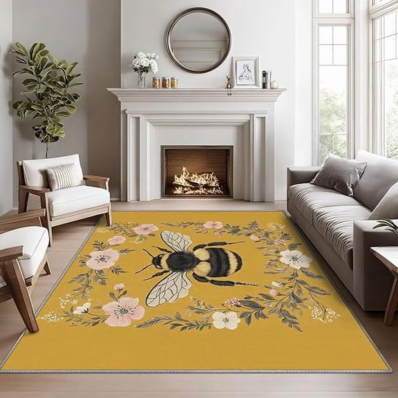 Bee Rugs Kitchen -Honey Bee Rug, Insect Spring Flower Area Rugs for Bedroom, Wildflower Honeybee Washable Carpet for Entryway, Kitchen, Farmhouse Summer Floral Home Decor & Gifts 5 x 6ft