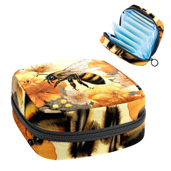 Bee Sanitary Bags Pad Bag Hidden Money Pouch for Travel Small Storage Bag Organizer Case, Plush Fabric Oxford Cloth Sponge Material, 4.7x6.6x6.6 in