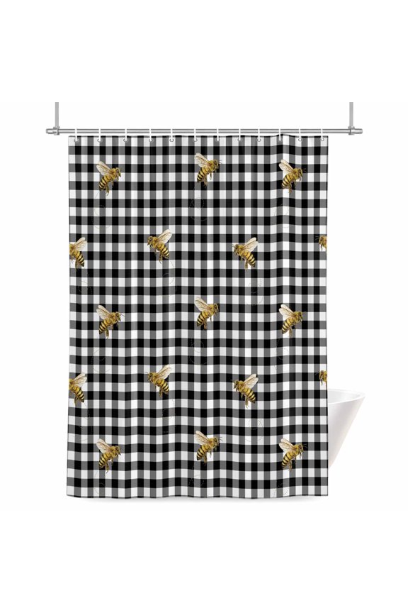Bee Shower Curtain, Country Bees Black White Buffalo Plaid Checkered Farmhouse Waterproof Shower Curtain Set with 12 Hooks Lightweight Bath Curtains Fabric Bathroom Decor 36x72 Inches