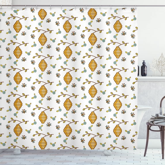 Bee Shower Curtain, Graphic Illustration of Vespiary Flowers Petals and Bees Theme as Repeating Pattern, Fabric Bathroom Set with Hooks, 69W X 75L Inches Long, Multicolor, by Ambesonne