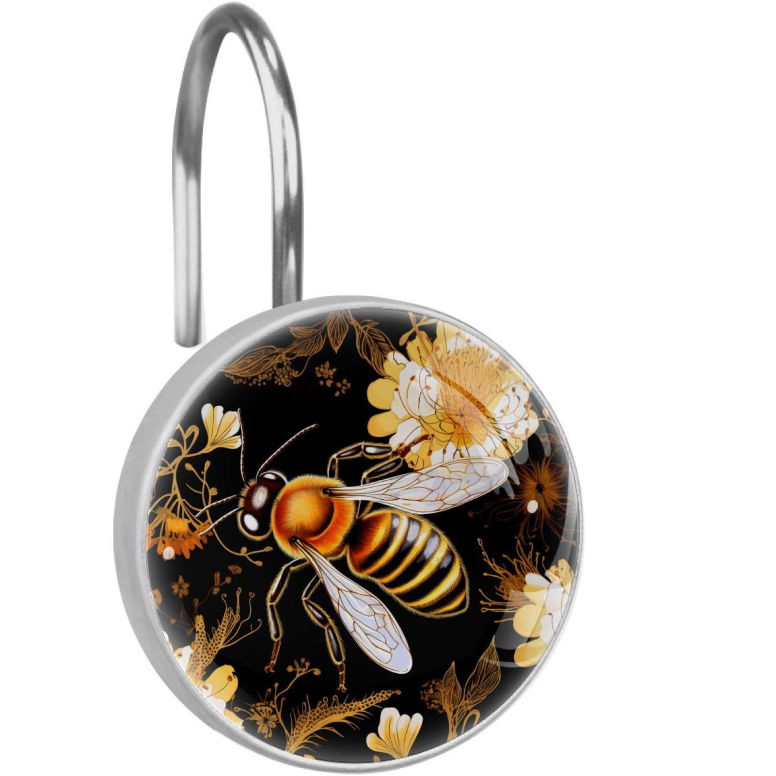 LLYSTTDS Bee Shower Curtain Hooks – 12-Pack Resin & Metal Decorative Rings, Rust-Proof, Yellow