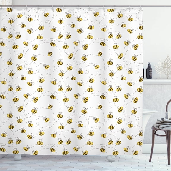 Bee Shower Curtain, Simplistic Illustration of Buzzing and Flying Bees Making a Dashed Line Route, Fabric Bathroom Set with Hooks, 69W X 70L Inches, Brown Yellow White, by Ambesonne
