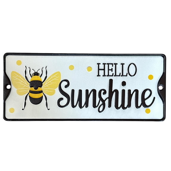 Bee Sign Hello Sunshine Door Wall Decor Home Room Office Indoor Outdoor Metal Plaque 12" x 5