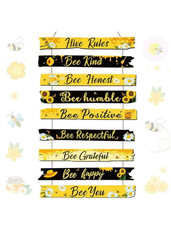 Bee Sign Hive Rules Bee Wall Decor Plaque Bee Gift Humble Bee Decor Christmas Bee Ornament for Xmas Home Spring Daisy Sunflower Decorations for Living Room Rustic Kitchen Decor (Black, Yellow)