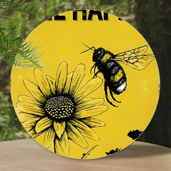Bee Sign, Rustic Metal Posters Bee Happy Sign, Farmhouse Yellow Bee Wall Decor For Bee Lovers, Spring, Summer, Home Party, Coffee, Shop, Bakery, Wall Decoration, Bee Themed Gifts Eid Al-Adha Mubarak