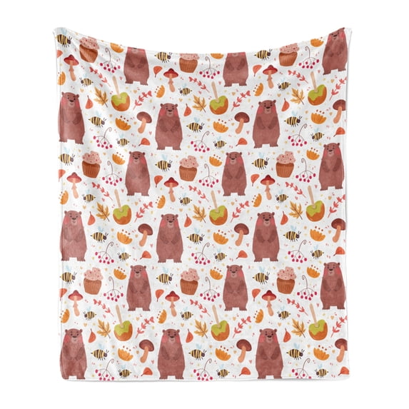 Bee Soft Flannel Fleece Blanket, Autumn Forest Wildlife Elements as Cartoon Bear Bugs Plants with Cupcake Caramel Apple, Cozy Plush for Indoor and Outdoor Use, 70" x 90", Multicolor, by Ambesonne