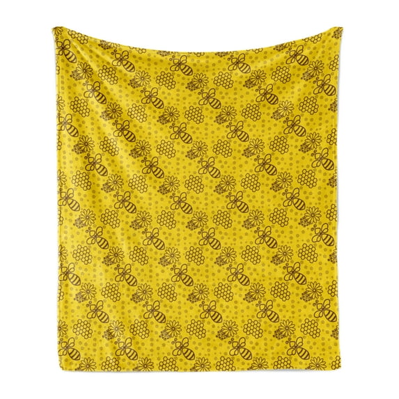 Bee Soft Flannel Fleece Blanket, Repeating Pattern of Honeybees Hexagon Honeycombs Petals Shapes in Contour Form, Cozy Plush for Indoor and Outdoor Use, 50" x 70", Yellow and Brown, by Ambesonne