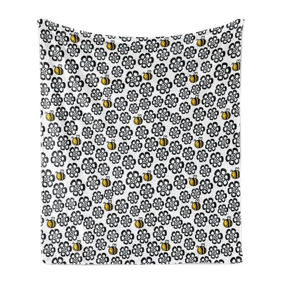 Bee Soft Flannel Fleece Blanket, Silhouette Floral Pattern with Colored Cartoon Bees Flying in Botany Nature, Cozy Plush for Indoor and Outdoor Use, 50" x 70", Black White and Yellow, by Ambesonne