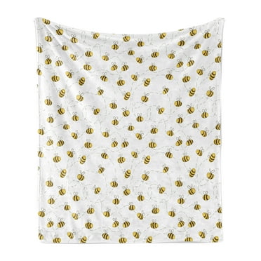 Bee Soft Flannel Fleece Blanket, Simplistic Illustration of Buzzing and Flying Bees Making a Dashed Line Route, Cozy Plush for Indoor and Outdoor Use, 50" x 60", Brown Yellow White, by Ambesonne