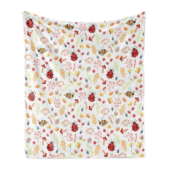 Bee Soft Flannel Fleece Throw Blanket, Autumn Themed Doodle Pattern with Bugs Plants Herbs Flower Mushroom in the Forest, Cozy Plush for Indoor and Outdoor Use, 70" x 90", Multicolor, by Ambesonne