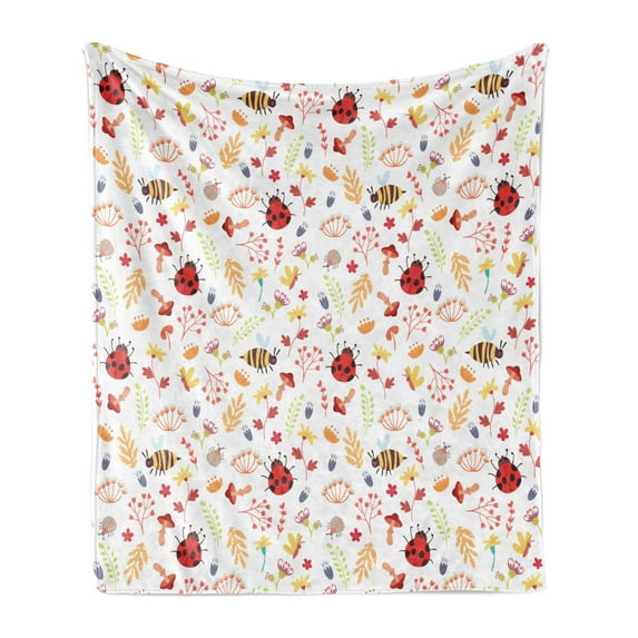 Bee Soft Flannel Fleece Throw Blanket, Autumn Themed Doodle Pattern with Bugs Plants Herbs Flower Mushroom in the Forest, Cozy Plush for Indoor and Outdoor Use, 70" x 90", Multicolor, by Ambesonne
