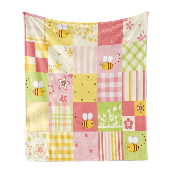 Bee Soft Flannel Fleece Throw Blanket, Floral and Geometric Designed Tiles of Patchwork Background with Flying Doodle Bees, Cozy Plush for Indoor and Outdoor Use, 60" x 80", Multicolor, by Ambesonne