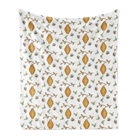 Bee Soft Flannel Fleece Throw Blanket, Graphic Illustration of Vespiary Flowers Petals and Bees Theme as Repeating Pattern, Cozy Plush for Indoor and Outdoor Use, 50" x 70", Multicolor, by Ambesonne