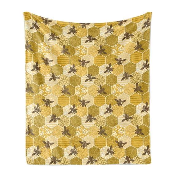 Bee Soft Flannel Fleece Throw Blanket, Grungy Silhouettes of Multiple Bee on Geometric Honeycomb Patchwork Pattern, Cozy Plush for Indoor and Outdoor Use, 70" x 90", Multicolor, by Ambesonne