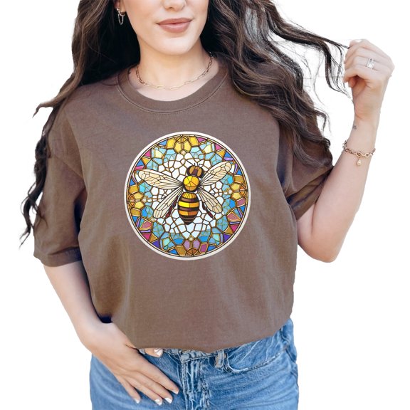 Bee Stained Glass Art T-Shirt, Colorful Stained Glass Window Design Tee, Unique Bee Lovers Gift Shirt, Vibrant Nature Inspired Tee, Espresso Comfort Colors T-Shirt, Small