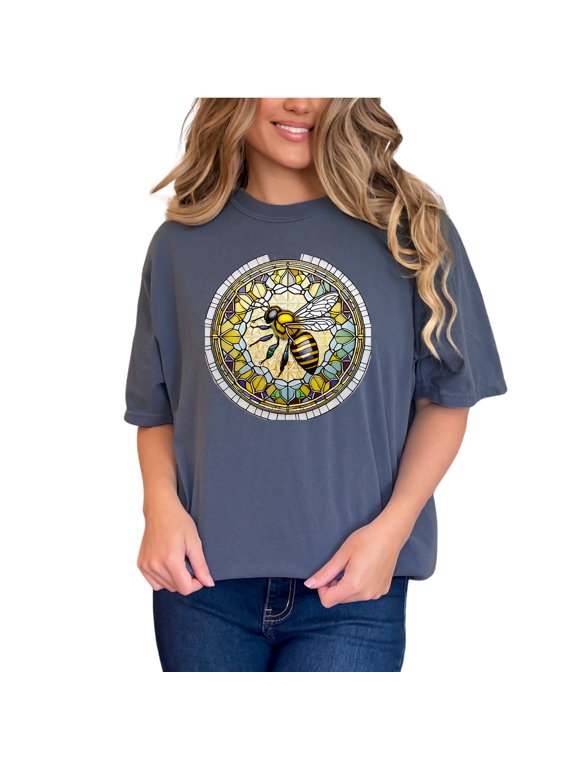 Bee Stained Glass Design T-Shirt, Nature Inspired Graphic Tee, Intricate Bee Artwork Shirt, Colorful Bee Pattern Top, Denim Comfort Colors T-Shirt, Small