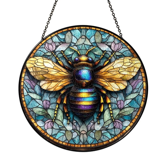 Bee Stained Glass Round Suncatcher – Golden Wing Insect Window Panel ...