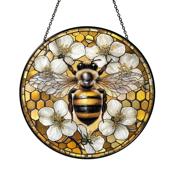 Bee Stained Glass Round Suncatcher – Honeycomb & Flower Window Panel, Pollinator Garden Nature Home Decor Gift for Bee Lovers