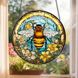 Bee Stained Glass Suncatcher, Honeybee Gift for Garden Lovers, Bee Wildflower Glass Ornament, Home Decoration for Bee, Housewarming Gift, 3.5 in
