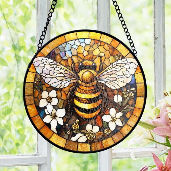 Bee Stained Glass Suncatcher, Honeycomb Floral Window Panel, Cottage Garden Style, Nature Home Decor, Gift for Bee Lovers, Gift For Mom