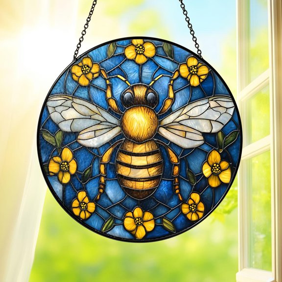 Bee Stained Glass Suncatcher Window Hanging Floral Honey Bee Glass Art Decor Round