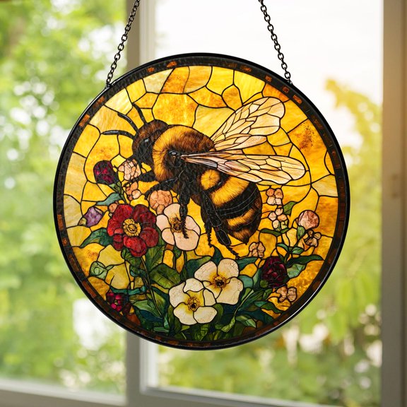 Bee Stained Glass Suncatcher Window Hanging Garden Decor Home Decor Floral Cottagecore
