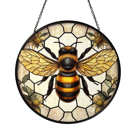 Bee Stained Glass Suncatcher Window Hanging, Honeycomb Nature Inspired Light Catcher Decor, Sweet Garden Accent Gift