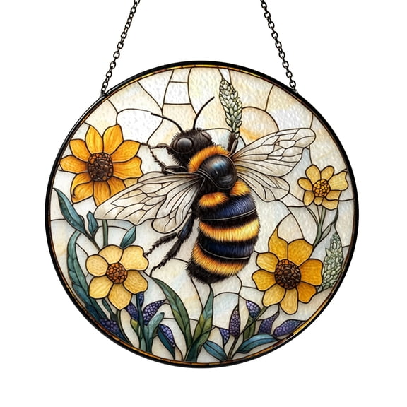 Bee Stained Glass Suncatcher Window Hanging Ornament, Round Floral Insect Art Decor Gift for Bee Lovers