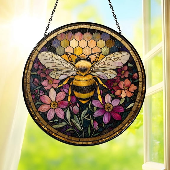 Bee Stained Glass Suncatcher with Flowers, Handmade Honeycomb Window Hanging, Nature Sun Catcher Decor