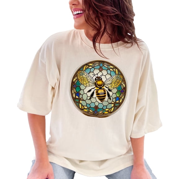 Bee Stained Glass T-Shirt, Honey Bee Art Tee, Unique Insect Design, Colorful Glass Pattern Top, Nature Inspired Graphic Shirt, Ivory Comfort Colors T-Shirt, 3XL