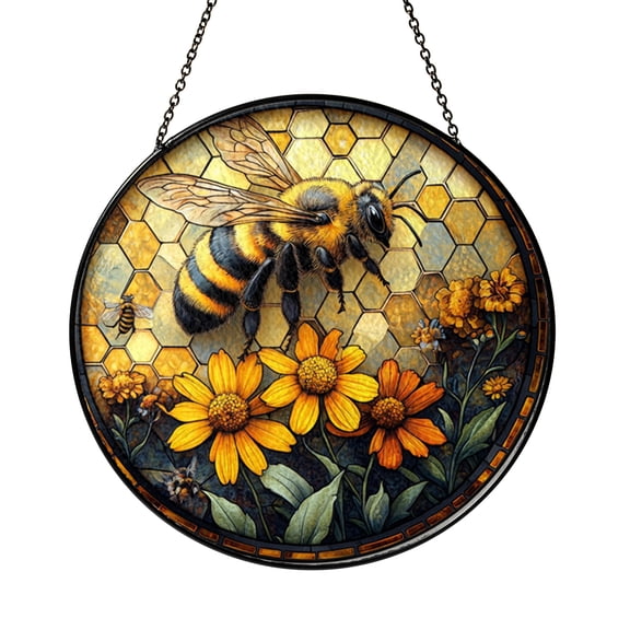 Bee Stained Glass Window Panel – Vibrant Yellow and Gold Honeycomb Design