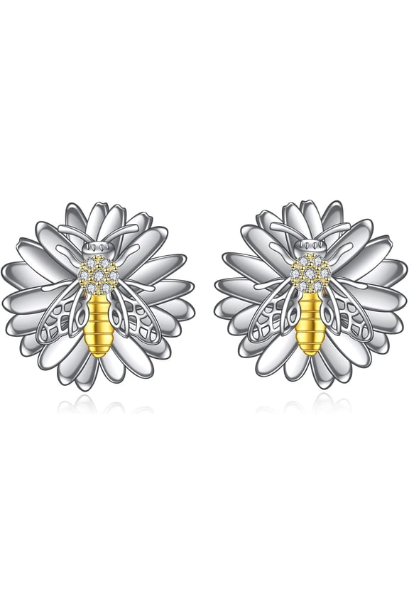 Bee Stud Earrings 925 Sterling Silver Daisy Flower Stud Earrings Gold Plated Bee Jewelry Gift For Women