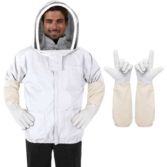 Bee Suit - Beekeeping Jacket for Men & Women - Polycotton Jacket with Beekeeping Gloves (White)