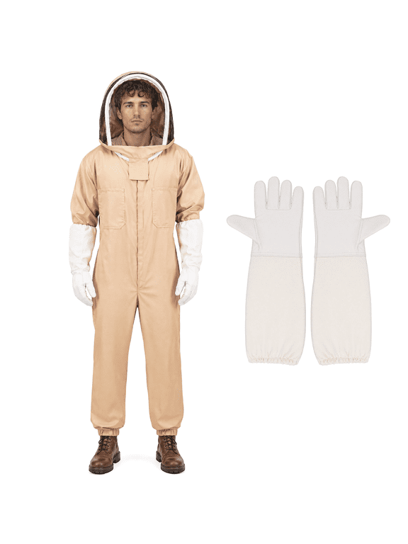 Bee Suit for Men Women, Full Body Sting Proof Beekeeping Suit with Protective Detachable Round Veil & Gloves, Unisex Beige Size XL (Fits 69-73 Inches / 5'9''-6'1'') for Apiary Backyard Beginner