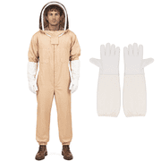 Bee Suit for Men Women, Full Body Sting Proof Beekeeping Suit with Protective Detachable Round Veil & Gloves, Unisex Beige Size XXL Fits 73-77 Inches / 61-65 for Apiary Backyard Beginner