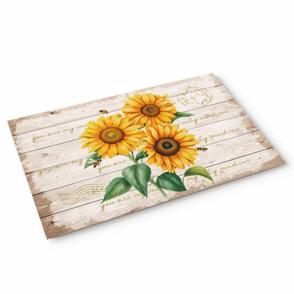Bee Sunflower Door Mat Yellow Floral Wood Grain Farmhouse Vintage Non Slip Absorbent Entrance Mat Washable Low Profile Indoor Doormat for Front Door Entryway Entry 20"x31"