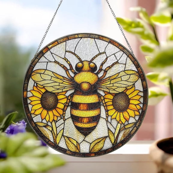 Bee Sunflower Glass Suncatcher, Bumblebee Flower Window Hanging, Honey Bee Art, 3.5 in