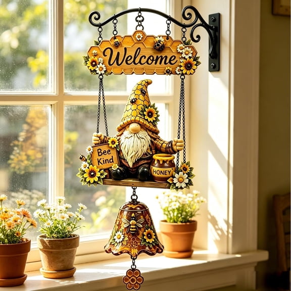 Bee Sunflower Gnome Welcome Bell Wall Hanging Decor Handmade Resin Gnome Wind Chime Bell, Farmhouse Rustic Welcome Sign for Outdoor Porch, Patio, Yard, Garden Fence, Ideal Gardening Gifts