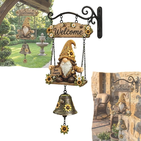 Bee Sunflower Gnome Welcome Bell Wall Hanging Decor - Handmade Resin Gnome Wind Chime Bell, Farmhouse Rustic Welcome Sign for Outdoor Porch, Patio, Yard, Garden Fence, Ideal Gardening Gifts