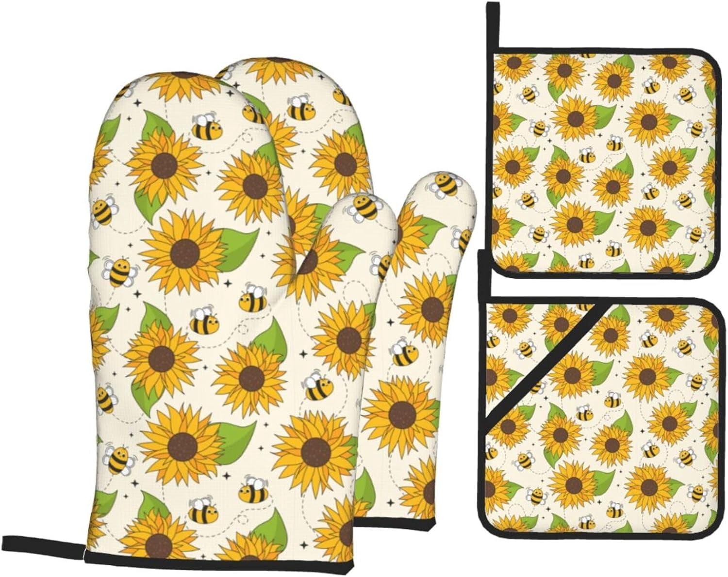 Bee Sunflower Oven Mitts Pot Holders Set of 4, Kitchen Gloves Potholders Heat Resistant for Chef Baking Cooking Grilling BBQ