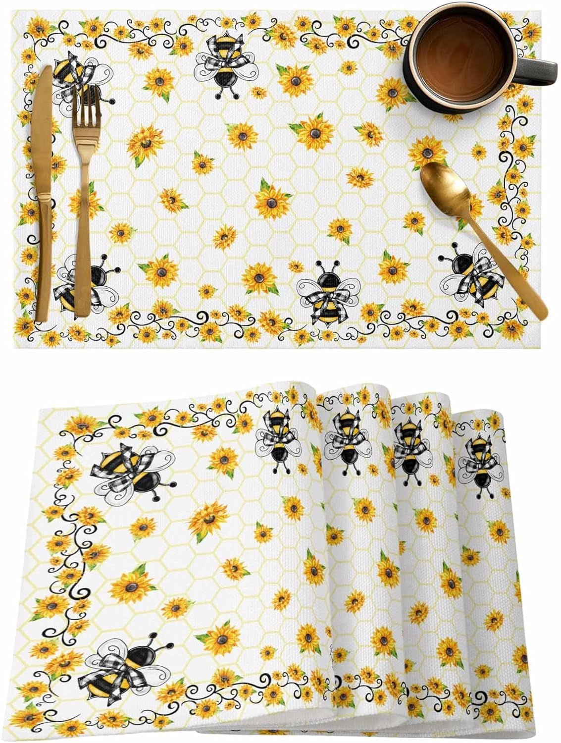 Bee Sunflower Placemats Set of 6 Washable Table Mats for Kitchen Dining ...