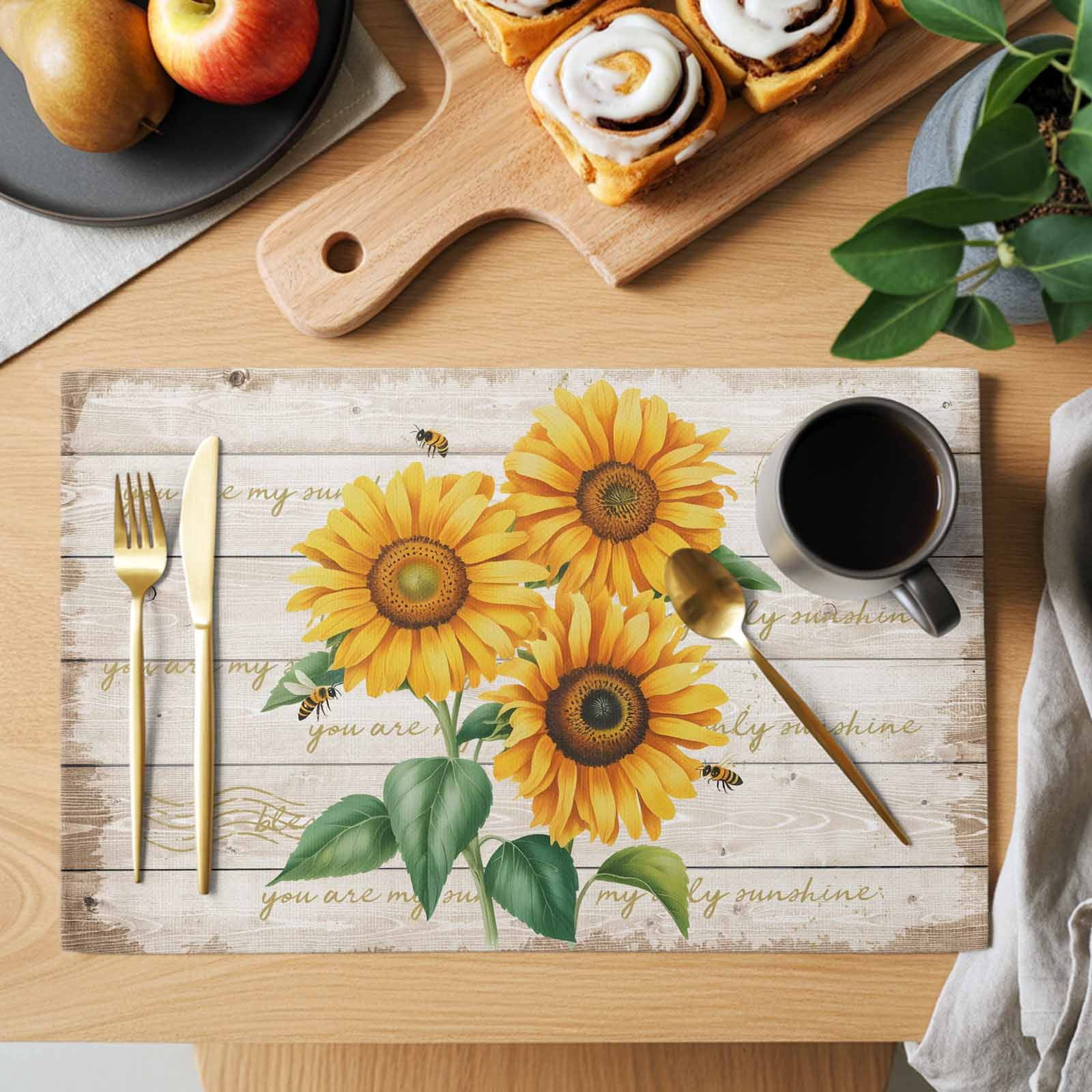 Bee Sunflower Placemats Set of 8, Yellow Floral Wood Grain Farmhouse ...