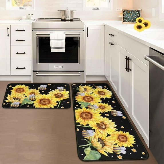 Bee Sunflower Spring Kitchen Rugs and Mats Set of 2, Seasonal Microfiber Washable Non-Slip Floor Mats for Home Kitchen Decor 17"x47"+17"x30" Black
