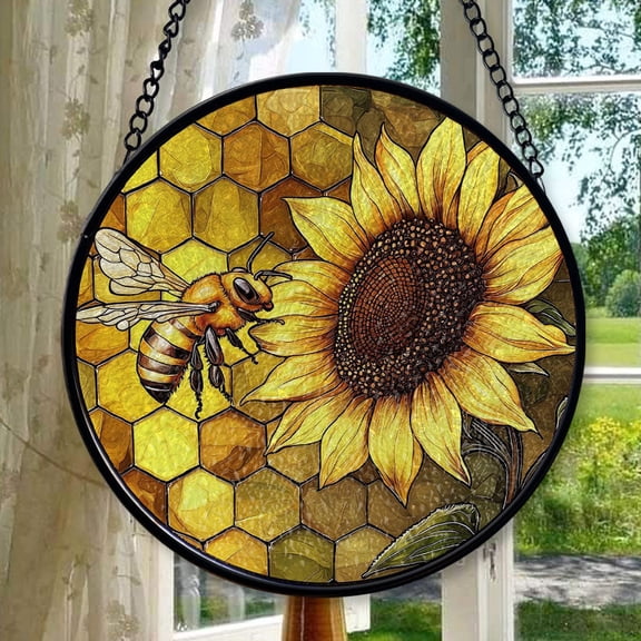 Bee and Sunflower Stained Glass Suncatcher  Round Window Hanging with Honeycomb Pattern  Nature Garden Decor for Window or Gift, Stained Glass Ornament 2025, Holiday Decoration,